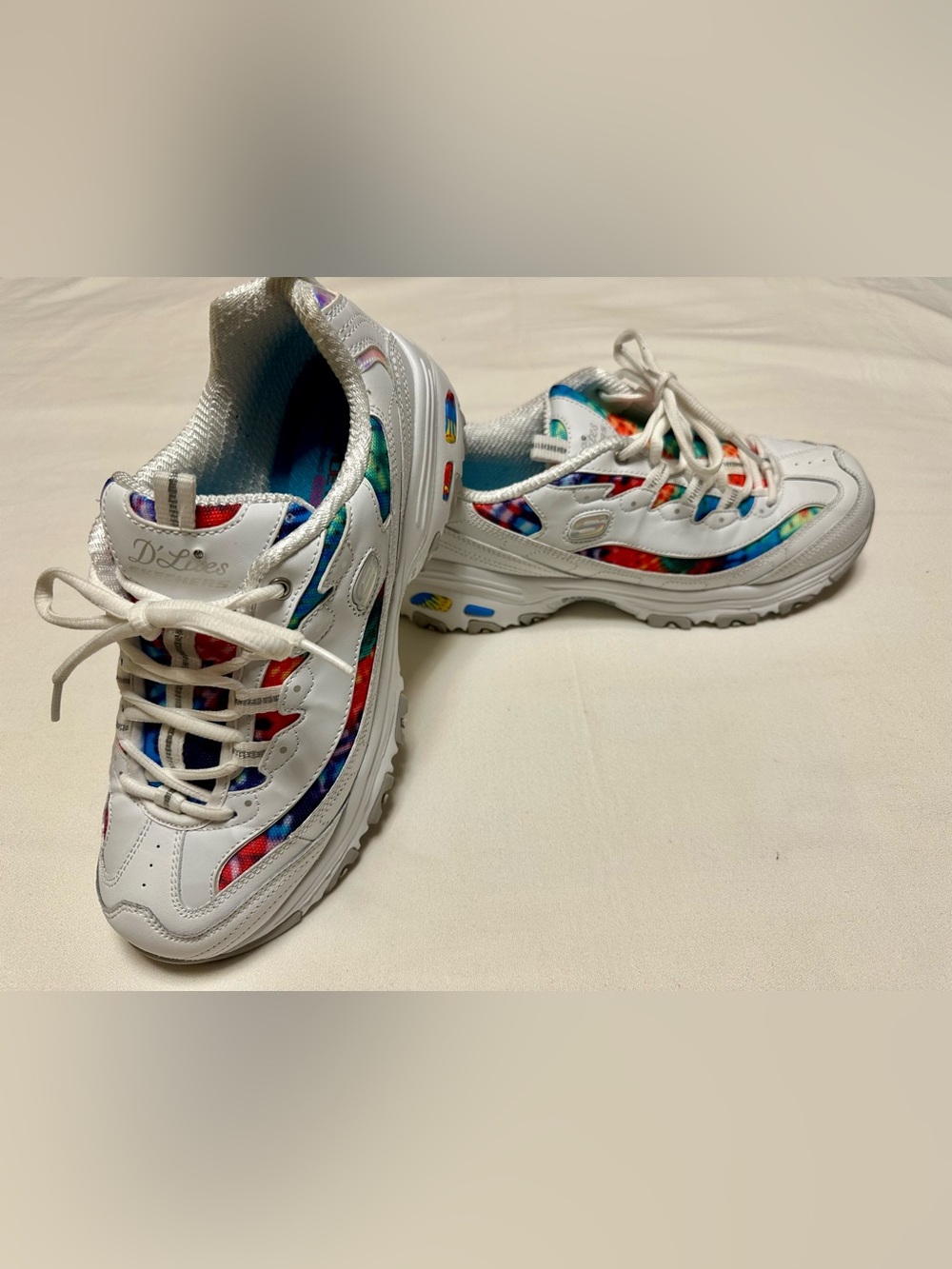 Skechers Wonen’s White Sneakers with Rainbow Tie-Dye Panels - Picture 2 of 6